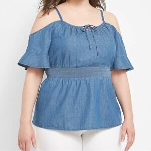 Lane Bryant Cold-Shoulder Smocked Waist Chambray Top Size 18